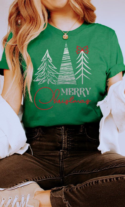 Merry Christmas Silver Trees Red Bow Graphic Tee