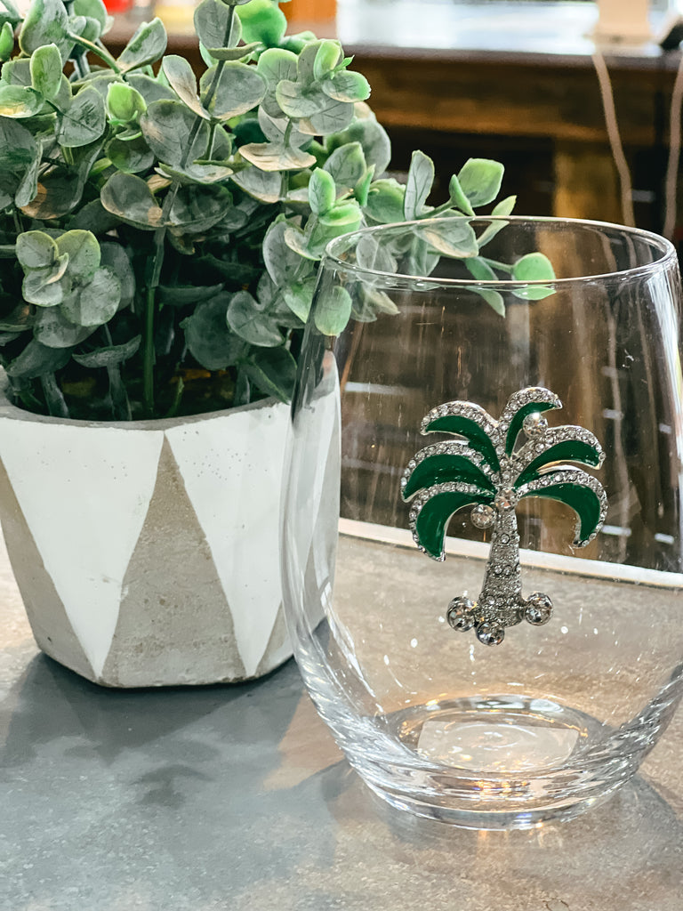 Green Diamond Palm Tree Jeweled Stemless Wine Glass