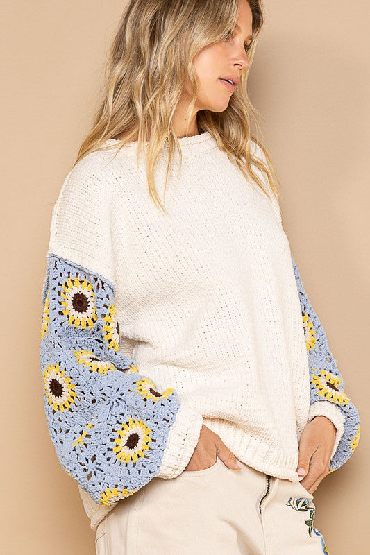 Contrast Square Pattern Sleeves Pullover Sweater by POL