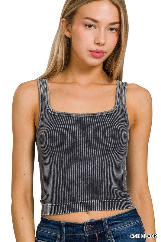 2-Way Neckline Washed Ribbed Cropped Tank Top- 6 colors