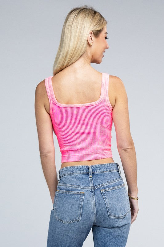 2-Way Neckline Washed Ribbed Cropped Tank Top- 6 colors