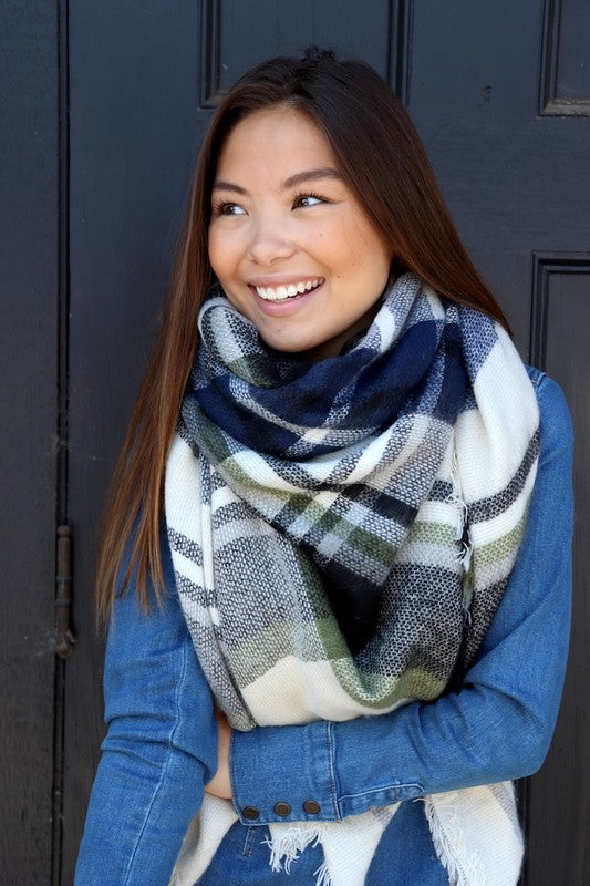 Green/Blue Plaid Blanket Scarf - BOMSHELL BOUTIQUE