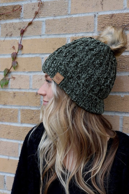 Olive Cable Knit Beanie with Faux Fur Pom Pom - BOMSHELL BOUTIQUE