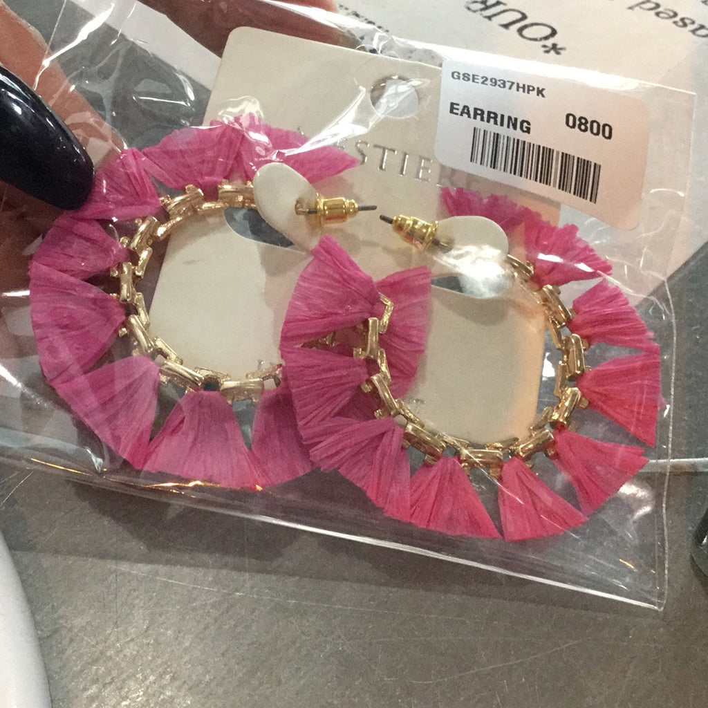 Straw Fan Hoop Earrings- Hot Pink