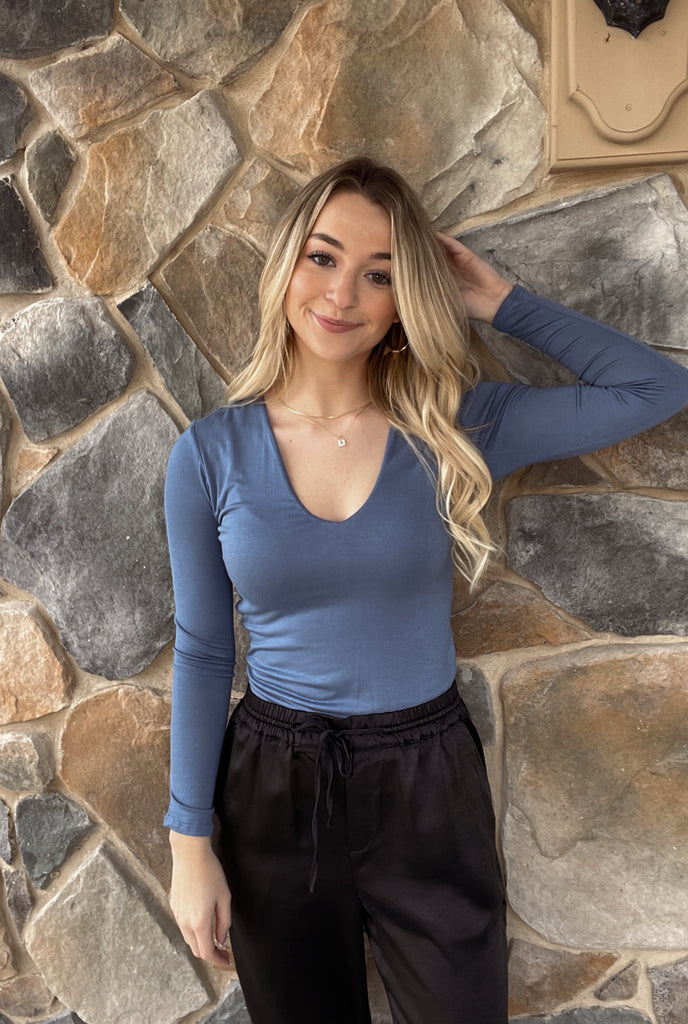 Lacey V- Neck Cropped Top (Veronica M)- Denim